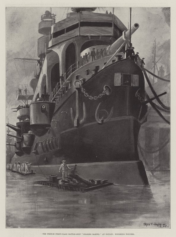 Das französische Schlachtschiff erster Klasse Charles Martel in Toulon, letzte Handgriffe von Fred T. Jane