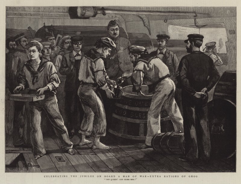 Feiern des Jubiläums an Bord eines Kriegsschiffs, Extra-Rationen Grog von Frederic Villiers