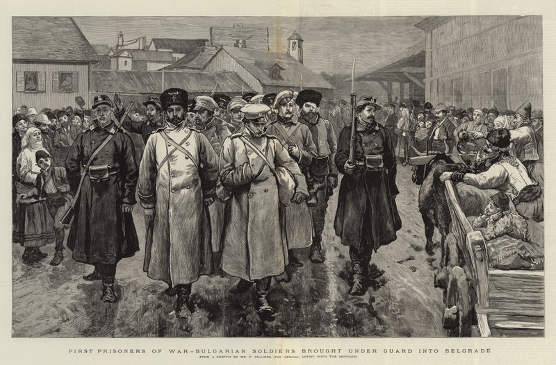 Erste Kriegsgefangene, bulgarische Soldaten unter Bewachung nach Belgrad gebracht von Frederic Villiers