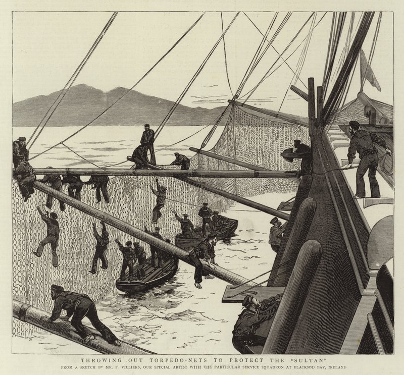 Auswerfen von Torpedonetzen zum Schutz des Sultans von Frederic Villiers