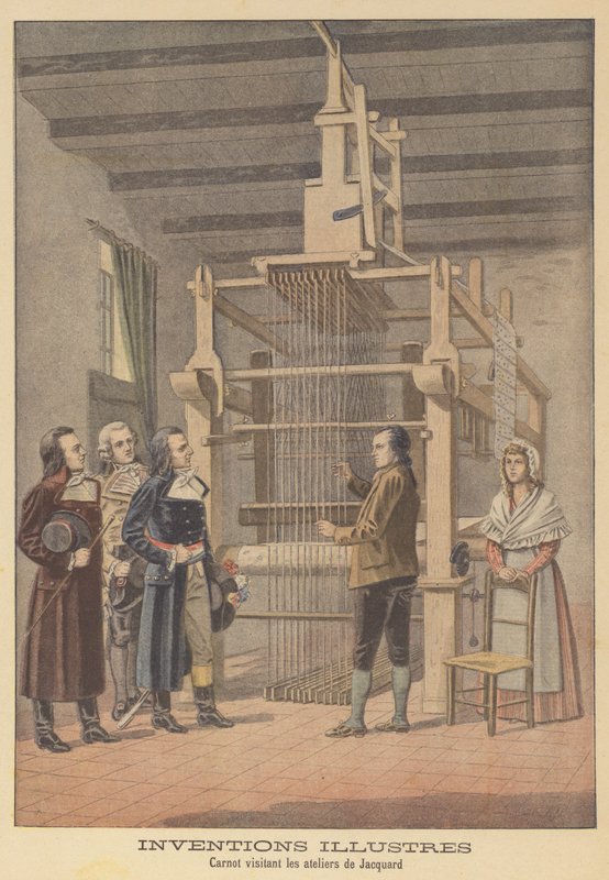 Lazare Carnot besucht die Werkstatt von Jacquard in Lyon, 1801 von French School