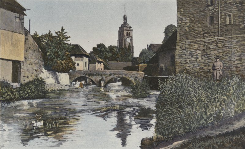 Arbois, Kirche und Brücke über die Cuisance von French Photographer