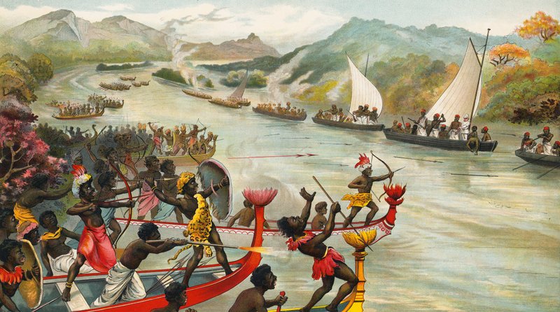 Großer Kampf an einem Fluss in Afrika von French School