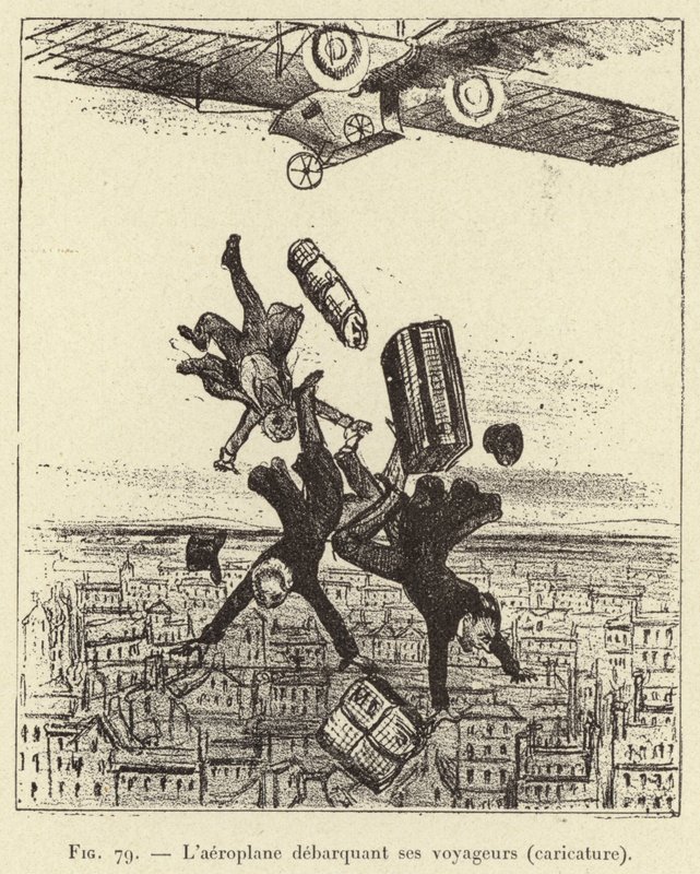 Das Flugzeug entlädt seine Passagiere (Karikatur) (Gravur) von French School
