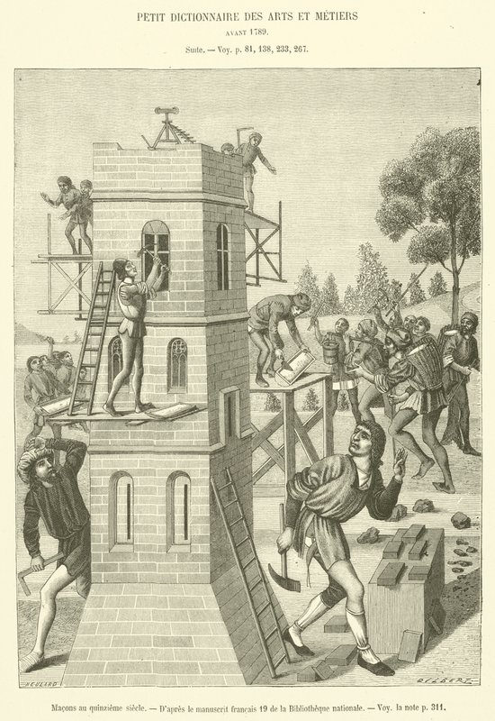 Maurer im fünfzehnten Jahrhundert (Gravur) von French School