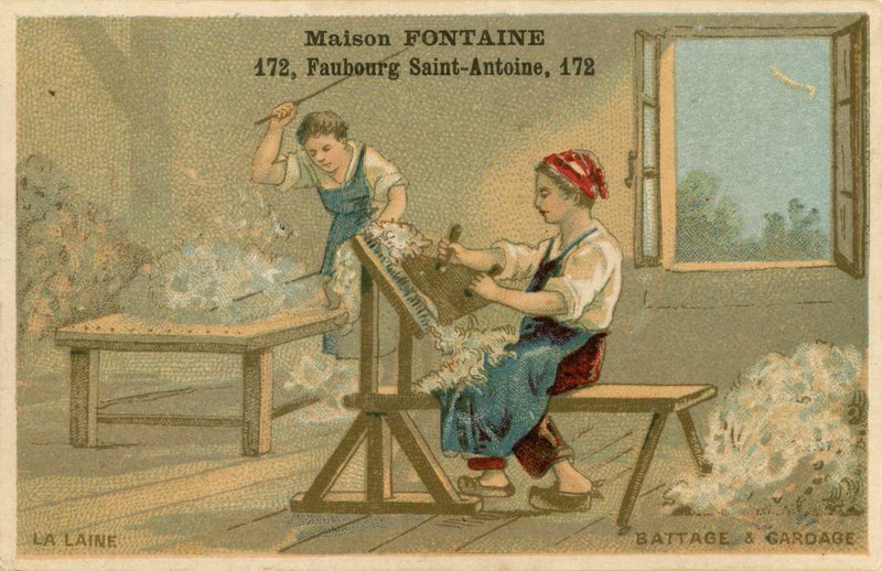 Maison Fontaine Handelskarte, Dreschen und Kardieren von French School
