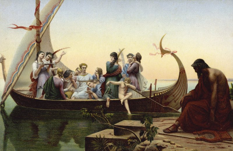 Frauen in einem Wikingerschiff von French School