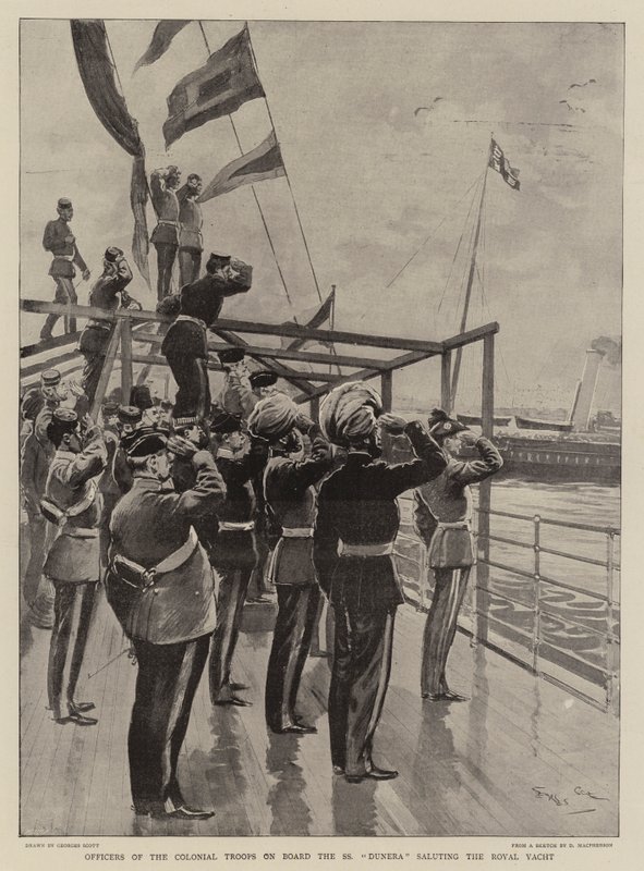 Offiziere der Kolonialtruppen an Bord der SS Dunera salutieren der königlichen Yacht von Georges Bertin Scott