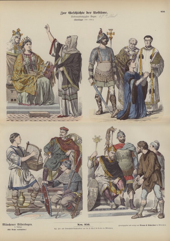 Karolingische fränkische Kostüme, 8. Jahrhundert (farbiger Stich) von German School