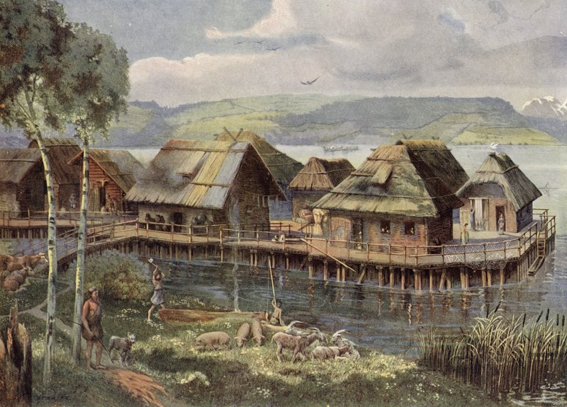 Prähistorisches europäisches Pfahlbaudorf von German School