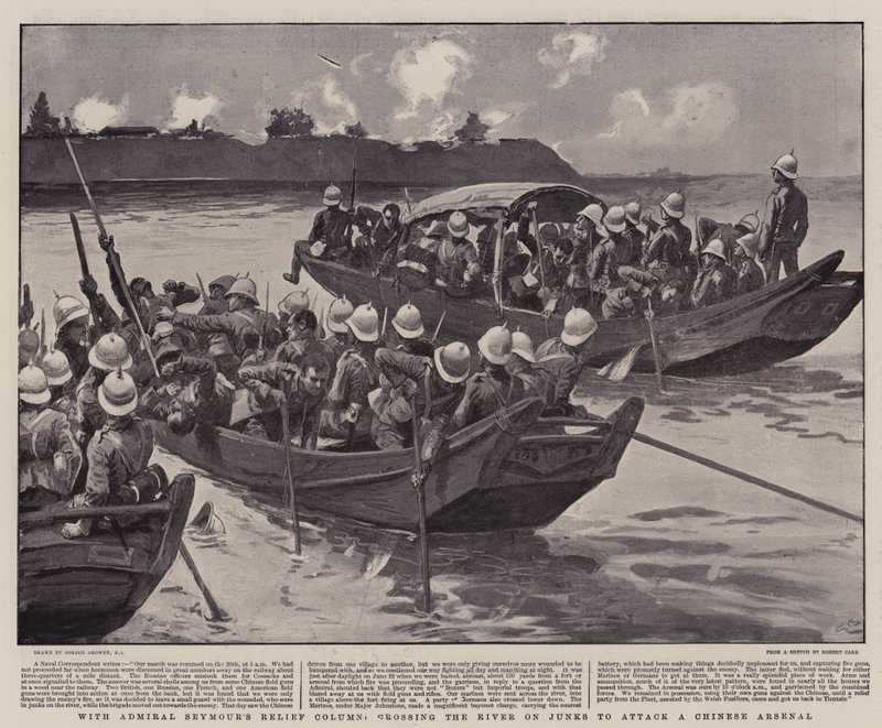 Mit Admiral Seymours Entsatzkolonne, Überquerung des Flusses auf Dschunken, um ein chinesisches Arsenal anzugreifen von Gordon Frederick Browne