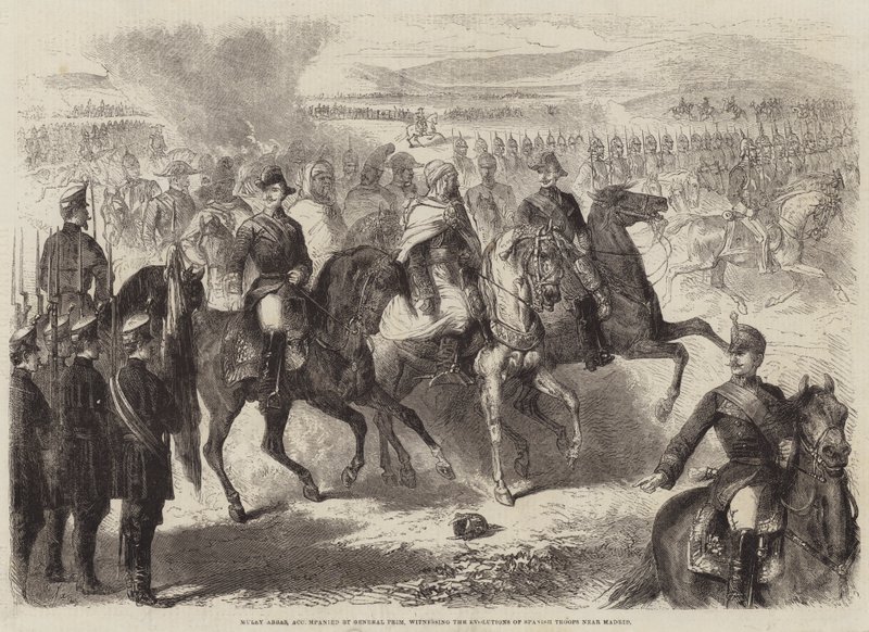 Muley Abbas, begleitet von General Prim, beobachtet die Manöver spanischer Truppen in der Nähe von Madrid von Gustave Janet