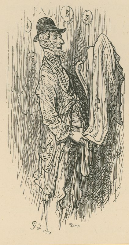 Ein Mann hält Stoff von Gustave Dore