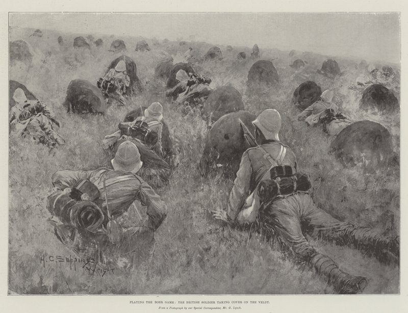 Das Buren-Spiel spielen, der britische Soldat geht in Deckung auf der Veldt von Henry Charles Seppings Wright