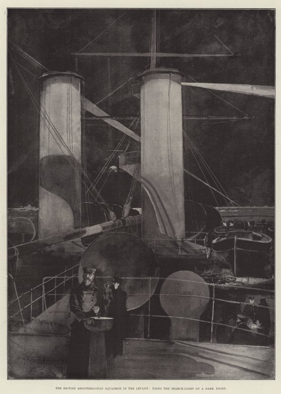 Das britische Mittelmeergeschwader im Levante, Verwendung des Suchscheinwerfers in einer dunklen Nacht von Henry Charles Seppings Wright