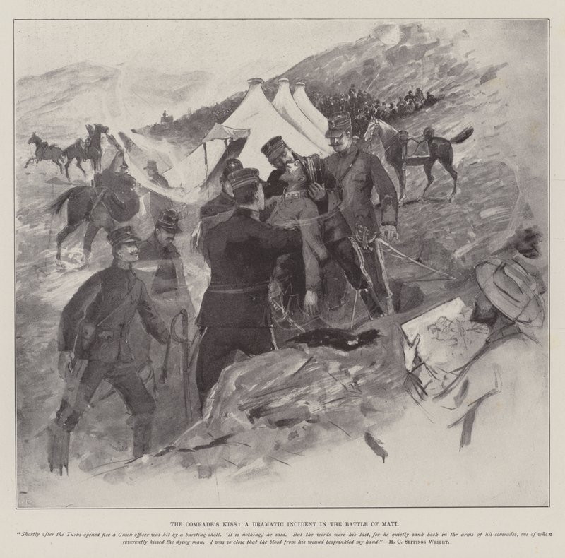 Der Kuss des Kameraden, ein dramatisches Ereignis in der Schlacht von Mati von Henry Charles Seppings Wright