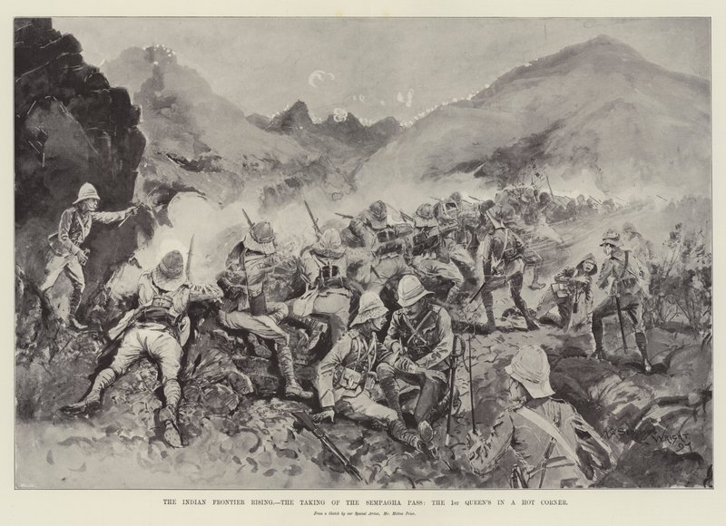 Der Aufstand an der indischen Grenze, die Einnahme des Sempagha-Passes, die 1. Königin in einer heißen Ecke von Henry Charles Seppings Wright