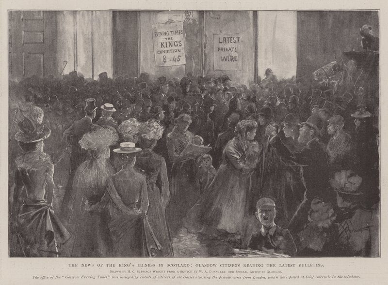 Die Nachricht von der Krankheit des Königs in Schottland, Bürger von Glasgow lesen die neuesten Bulletins von Henry Charles Seppings Wright