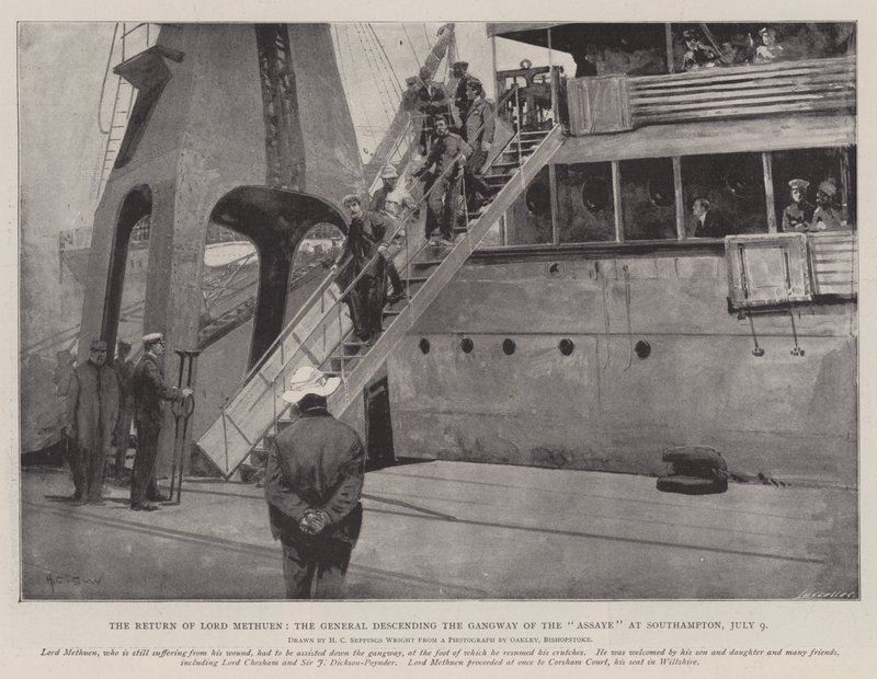 Die Rückkehr von Lord Methuen, der General steigt die Gangway der Assaye in Southampton hinab, 9. Juli von Henry Charles Seppings Wright