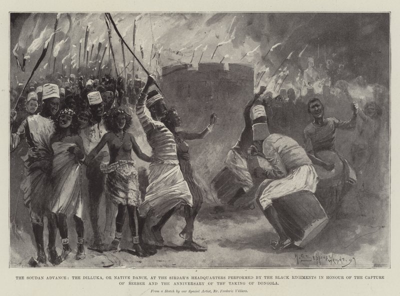 Der Soudan-Vormarsch, der Dilluka oder einheimischer Tanz im Hauptquartier des Sirdar, aufgeführt von den schwarzen Regimentern zu Ehren der Eroberung von Berber und des Jahrestages der Einnahme von Dongola von Henry Charles Seppings Wright