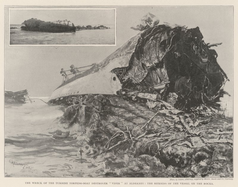 Das Wrack des Turbinen-Torpedoboot-Zerstörers Viper bei Alderney, die Überreste des Schiffes auf den Felsen von Henry Charles Seppings Wright