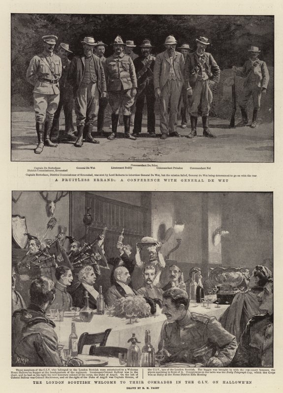 Ein fruchtloses Unterfangen, eine Konferenz mit General De Wet, der Empfang der Londoner Schotten ihrer Kameraden in der CIV an Halloween von Henry Marriott Paget