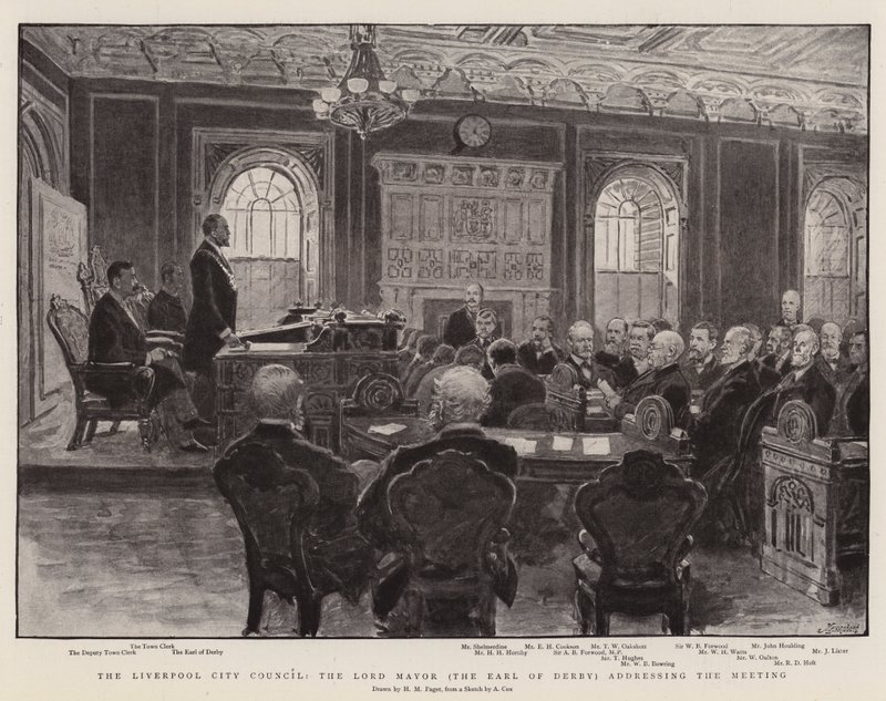 Der Liverpooler Stadtrat, der Lord Mayor (der Earl of Derby) spricht zur Versammlung von Henry Marriott Paget