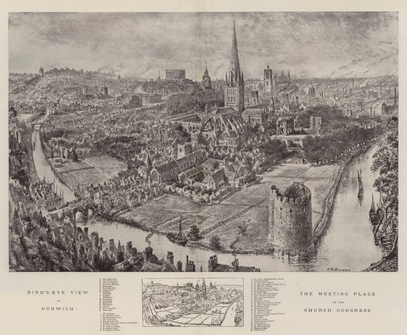 Vogelperspektive von Norwich, dem Versammlungsort des Kirchenkongresses von Henry William Brewer