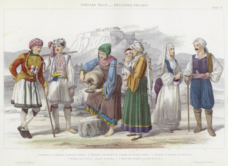 Griechische Rasse, Hellenen, Pelasger (farbige Gravur) von J.L. (after) Williams