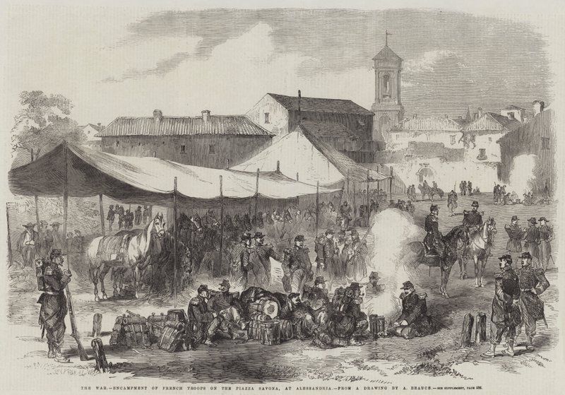 Der Krieg, Lager französischer Truppen auf der Piazza Savona, in Alessandria von Jean Adolphe Beauce
