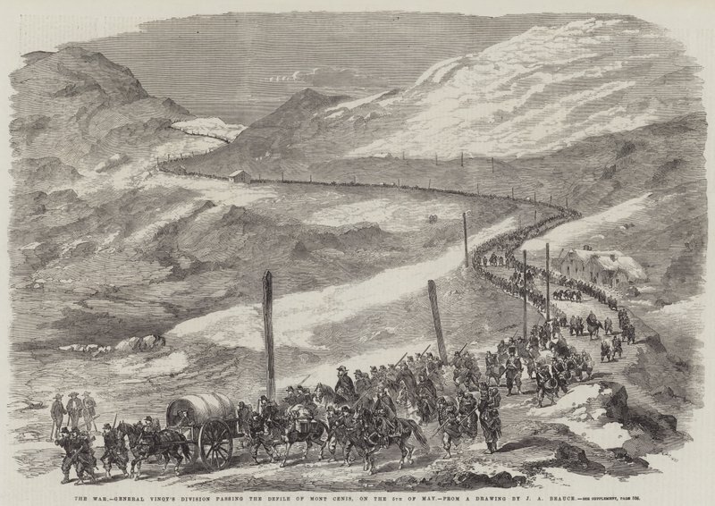 Der Krieg, General Vinoys Division passiert die Engstelle von Mont Cenis am 5. Mai von Jean Adolphe Beauce