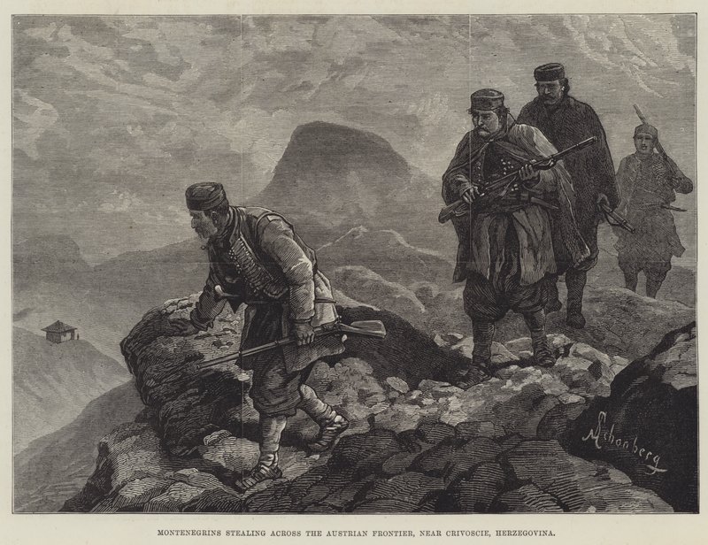 Montenegriner überqueren die österreichische Grenze, nahe Crivoscie, Herzegowina von Johann Nepomuk Schonberg