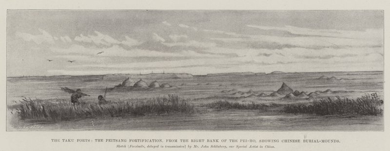 Die Taku-Forts, die Peitsang-Befestigung, vom rechten Ufer des Pei-ho, zeigt chinesische Grabhügel von Johann Nepomuk Schonberg