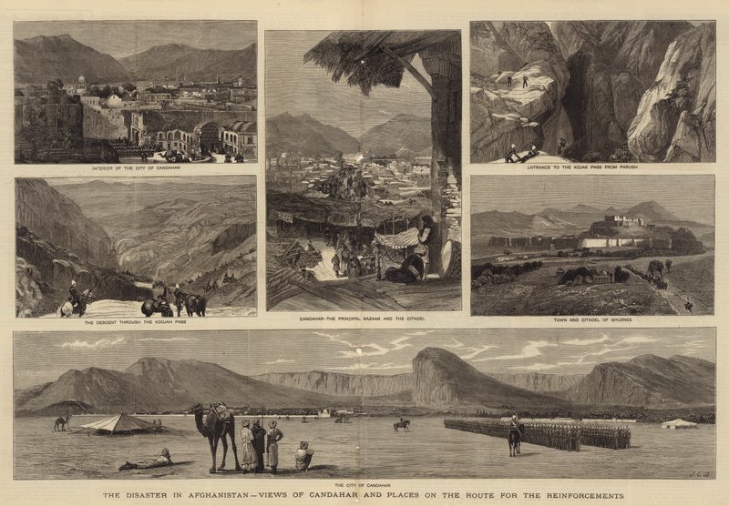 Die Katastrophe in Afghanistan, Ansichten von Candahar und Orten auf der Route für die Verstärkungen von John Charles Dollman