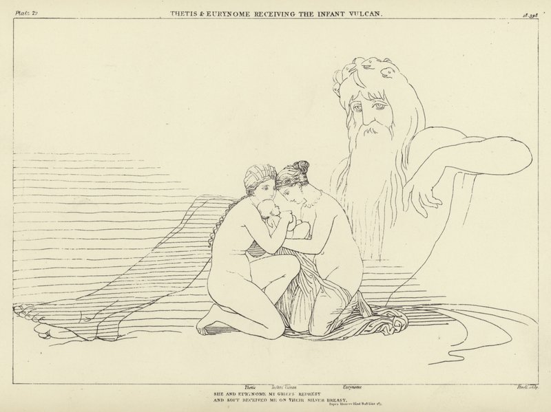 Thetis und Eurynome empfangen den Säugling Vulkan von John Flaxman