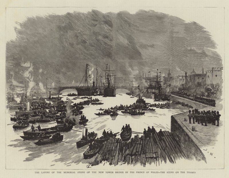 Die Grundsteinlegung der neuen Tower Bridge durch den Prinzen von Wales, die Szene auf der Themse von Joseph Nash