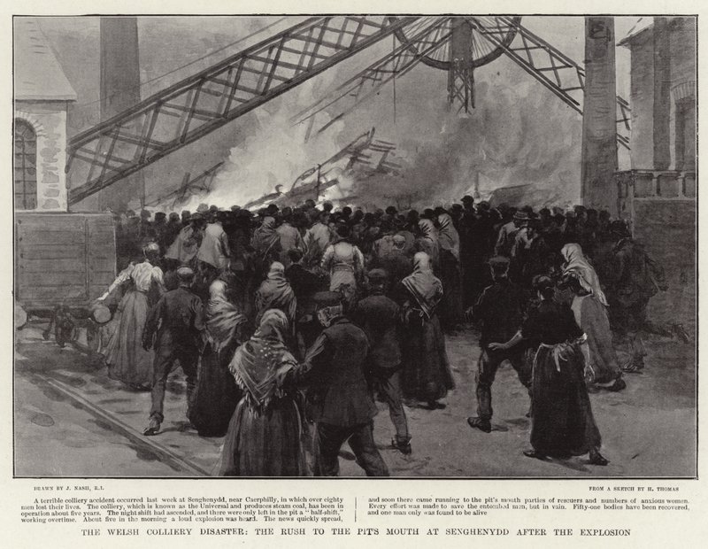 Das walisische Grubenunglück, der Ansturm auf den Schachtmund in Senghenydd nach der Explosion von Joseph Nash