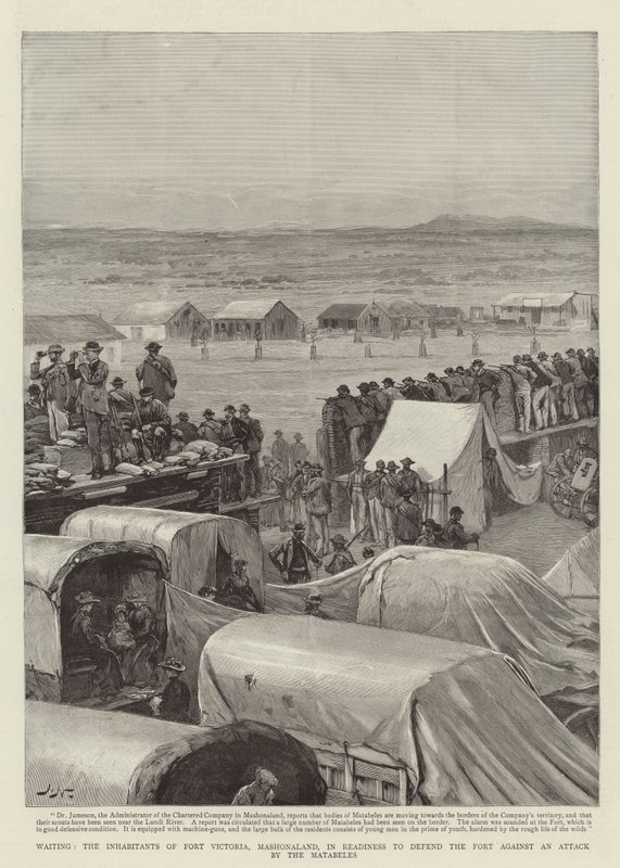 Warten, die Bewohner von Fort Victoria, Mashonaland, in Bereitschaft zur Verteidigung des Forts gegen einen Angriff der Matabeles von Joseph Nash