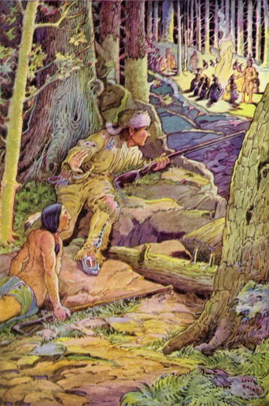 Die jungen Männer gingen auf den Grat zu, Deerslayer vorneweg von Louis John Rhead