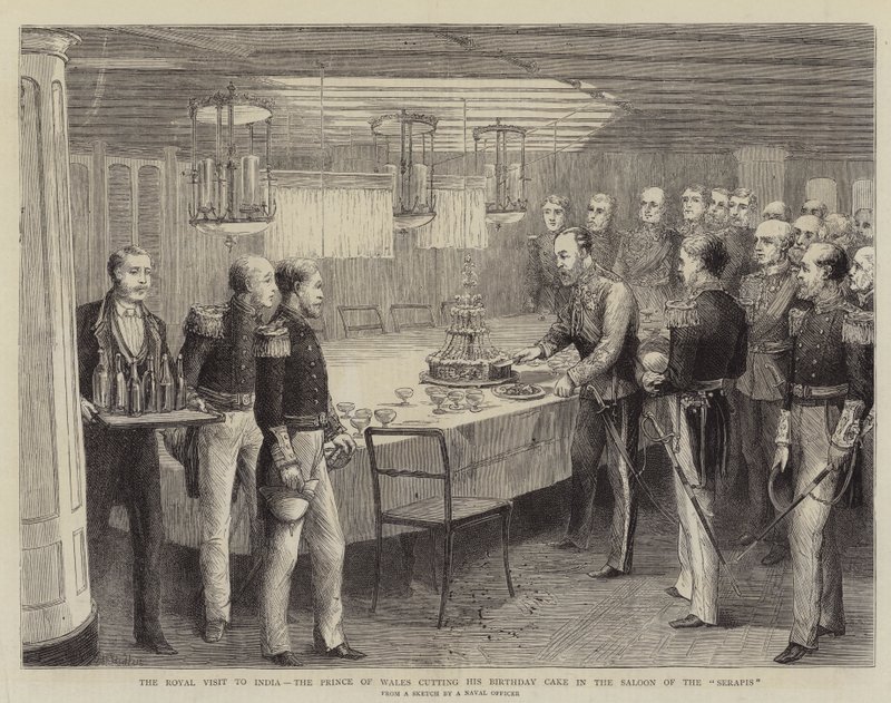 Der königliche Besuch in Indien, der Prinz von Wales schneidet seinen Geburtstagskuchen im Salon der Serapis an von Matthew White Ridley