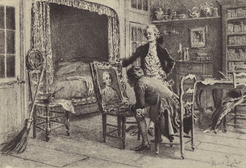 Jean-Jacques Rousseau betrachtet sein Porträt von Maurice Leloir