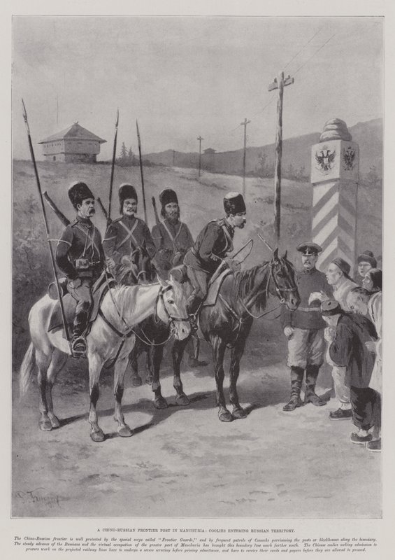 Ein Chino-Russischer Grenzposten in der Mandschurei, Kulis betreten russisches Territorium von Paul Frenzeny