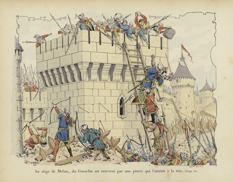 Bertrand du Guesclin wird beim Belagerung von Melun, 1359, von einem Stein am Kopf getroffen von Paul de Semant