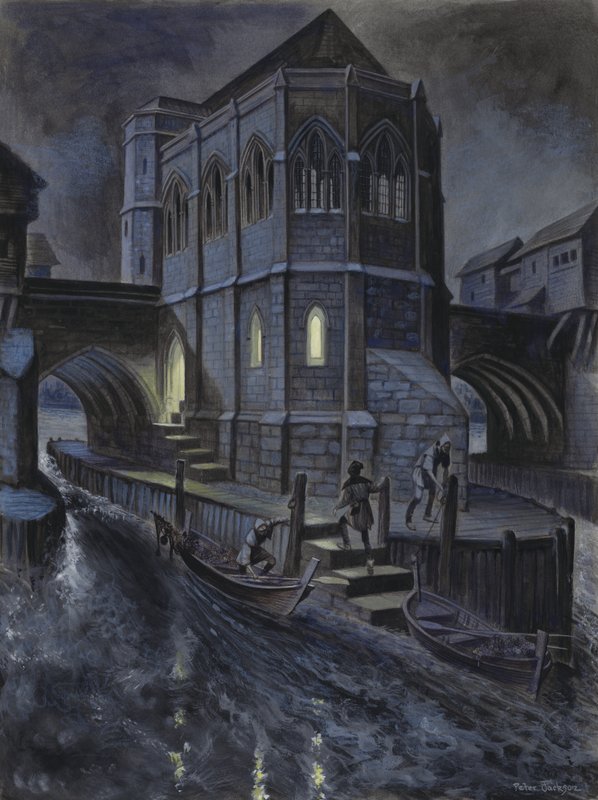 Imaginäre Rekonstruktion der ersten Kapelle auf der alten London Bridge von Peter Jackson