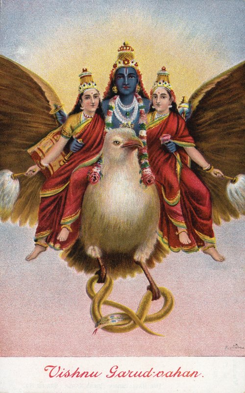 Der hinduistische Gott Vishnu, reitend auf seinem Fahrzeug Garuda von Raja Ravi Varma