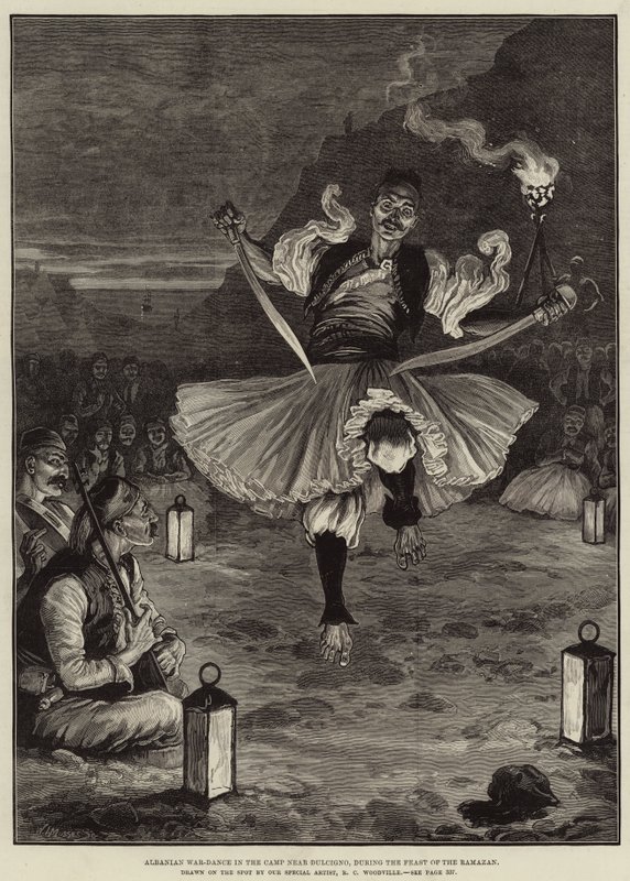 Albanischer Kriegstanz im Lager bei Dulcigno, während des Ramazan-Festes von Richard Caton Woodville junior