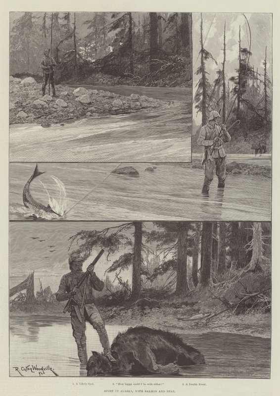 Sport in Alaska, mit Lachs und Bär von Richard Caton Woodville junior