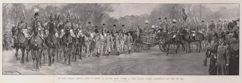 Der königliche Fortschritt durch London von Edward VII und der Königin, 25. Oktober, Ihre Majestäten betreten das Marlborough Gate vom Mall von Richard Caton Woodville junior