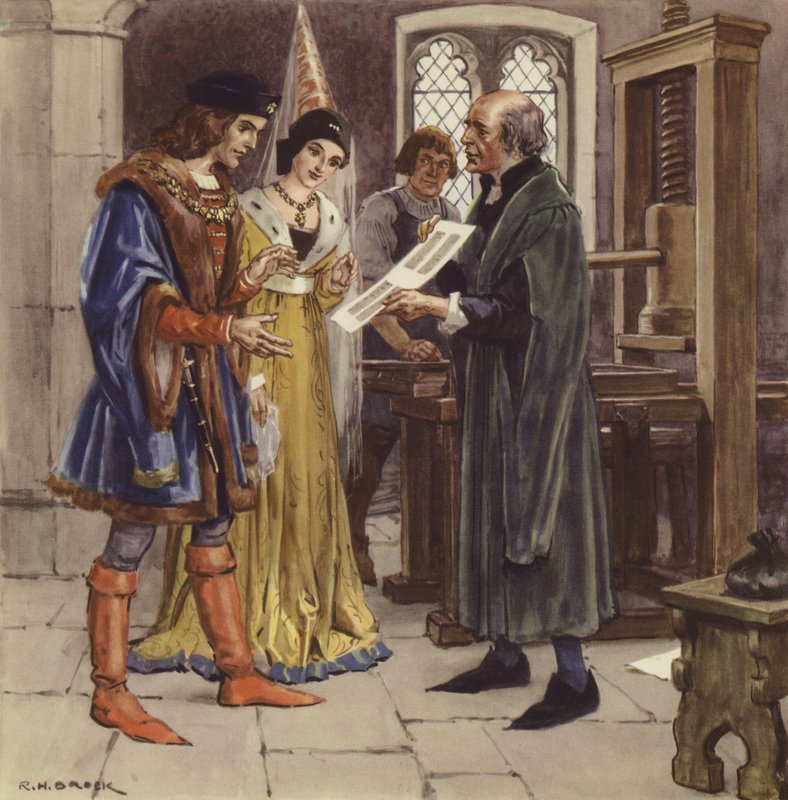 William Caxton zeigt eine gedruckte Seite Edward IV und seiner Königin von Richard Henry Brock