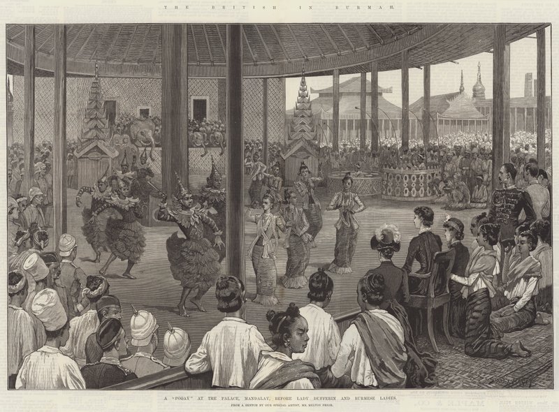 Die Briten in Burma, ein Pooay im Palast, Mandalay, vor Lady Dufferin und burmesischen Damen von Sidney Paget